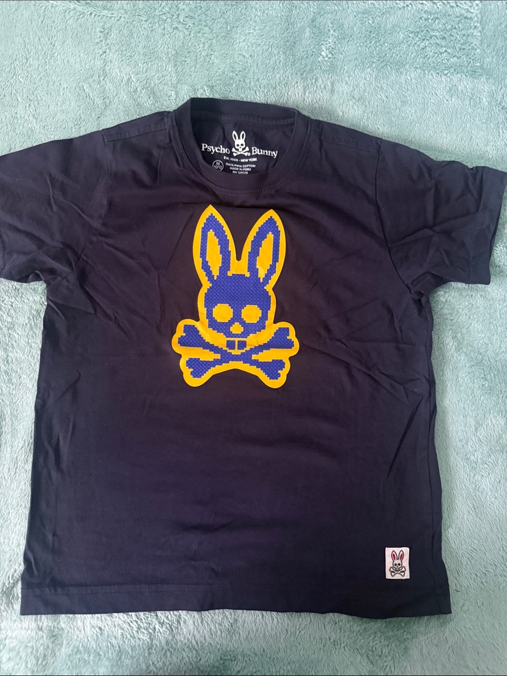 Psycho Bunny Navy Tee with Yellow & Blue Bunny Skull Graphic